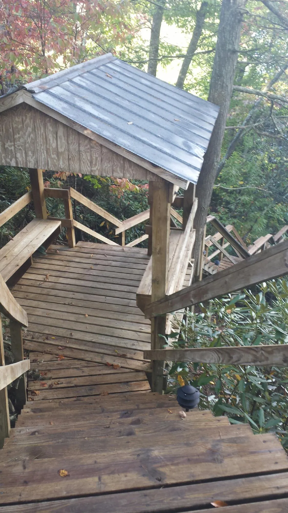 Metal roofed shelter over wooden steps on a wooded walkway — Skylight Repair & Installation work by our crew in New Melle
